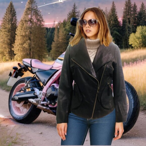 ANTHROPOLOGIE UK ELEVENSES Asymmetrical Zipper Black Leather Moto Jacket Sz S - Picture 1 of 9